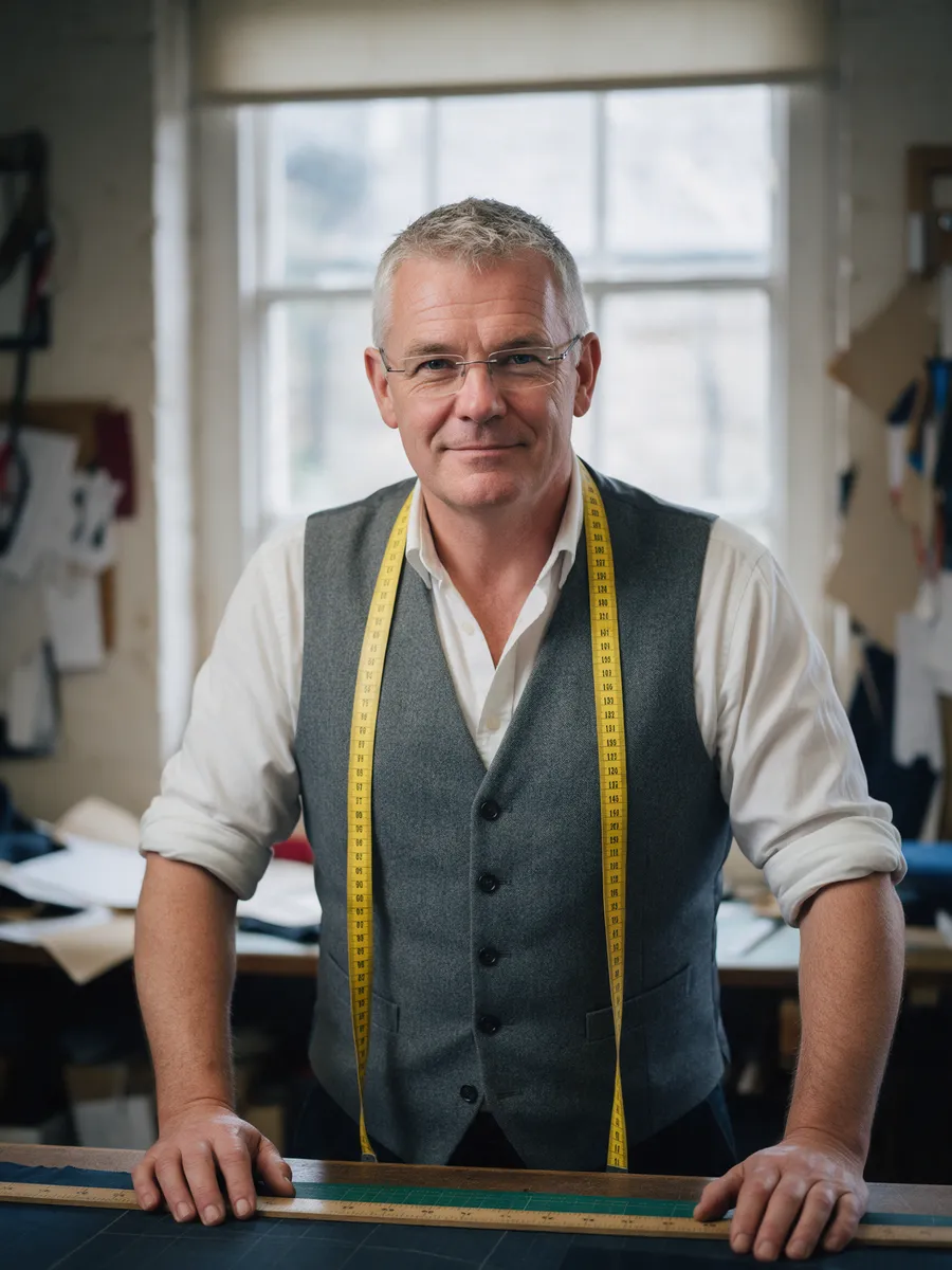 Gareth Price, a Welsh man in his fifties with short grey hair and glasses, in a waistcoat and rolled shirt sleeves, a tape measure round his neck, at a cutting table