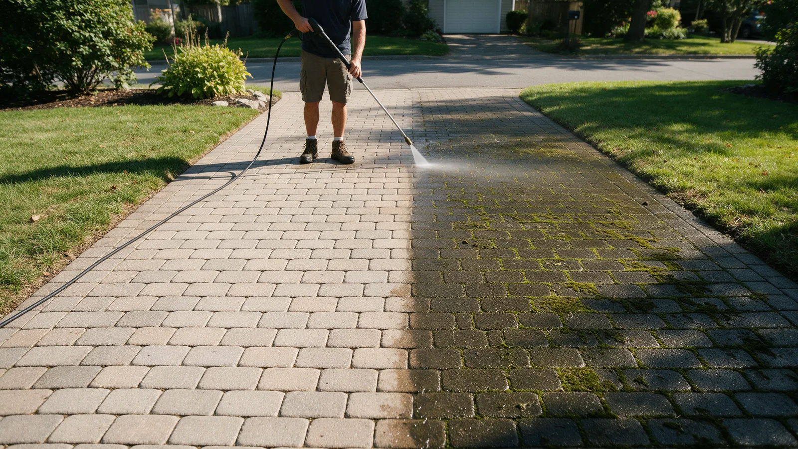 A block paved driveway half pressure-washed, one side clean and bright and the other dark with moss, a worker holding a pressure washer lance