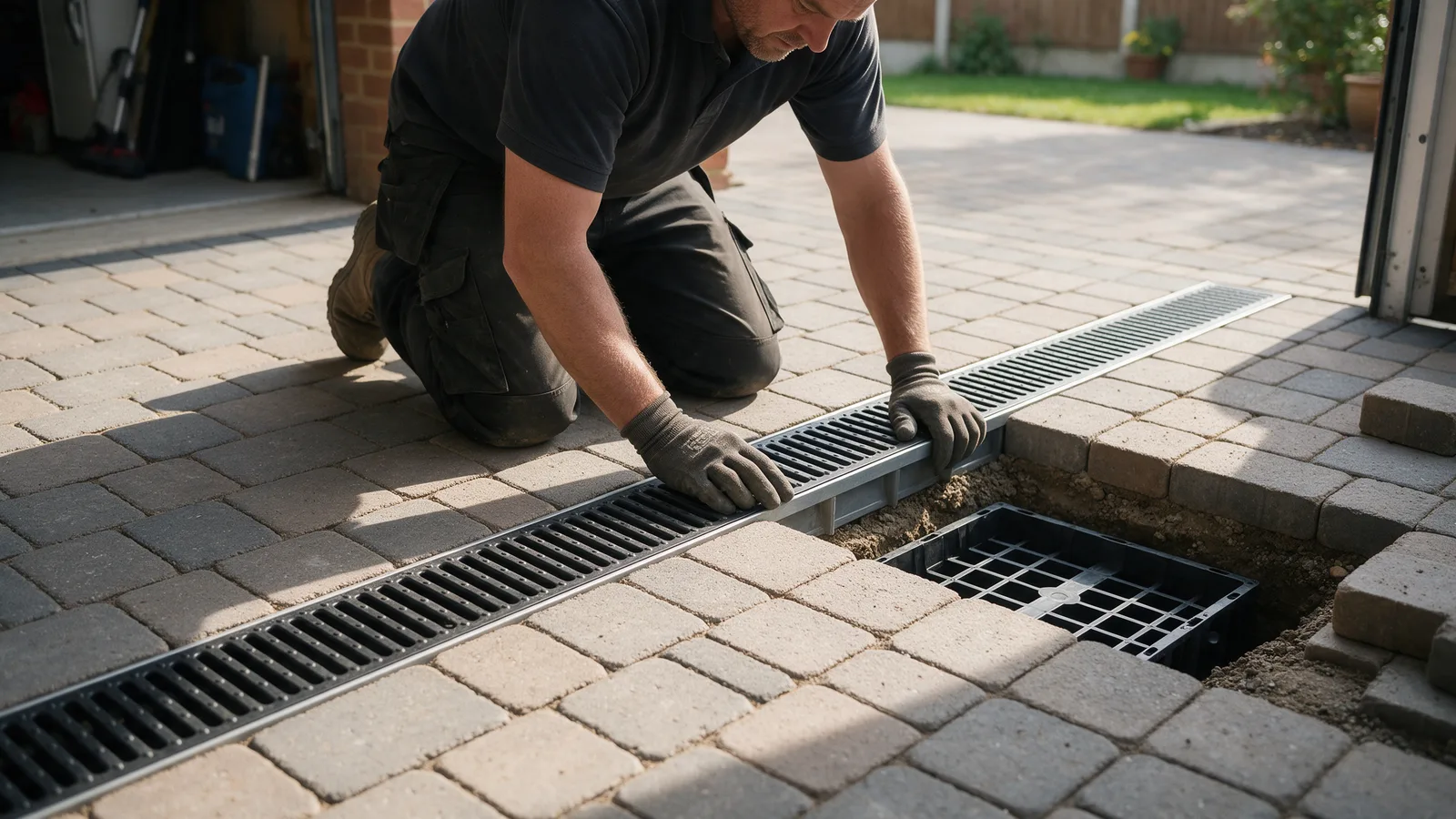 A worker installing a linear drainage channel across the bottom of a block paved driveway at a garage door with a soakaway crate in a trench