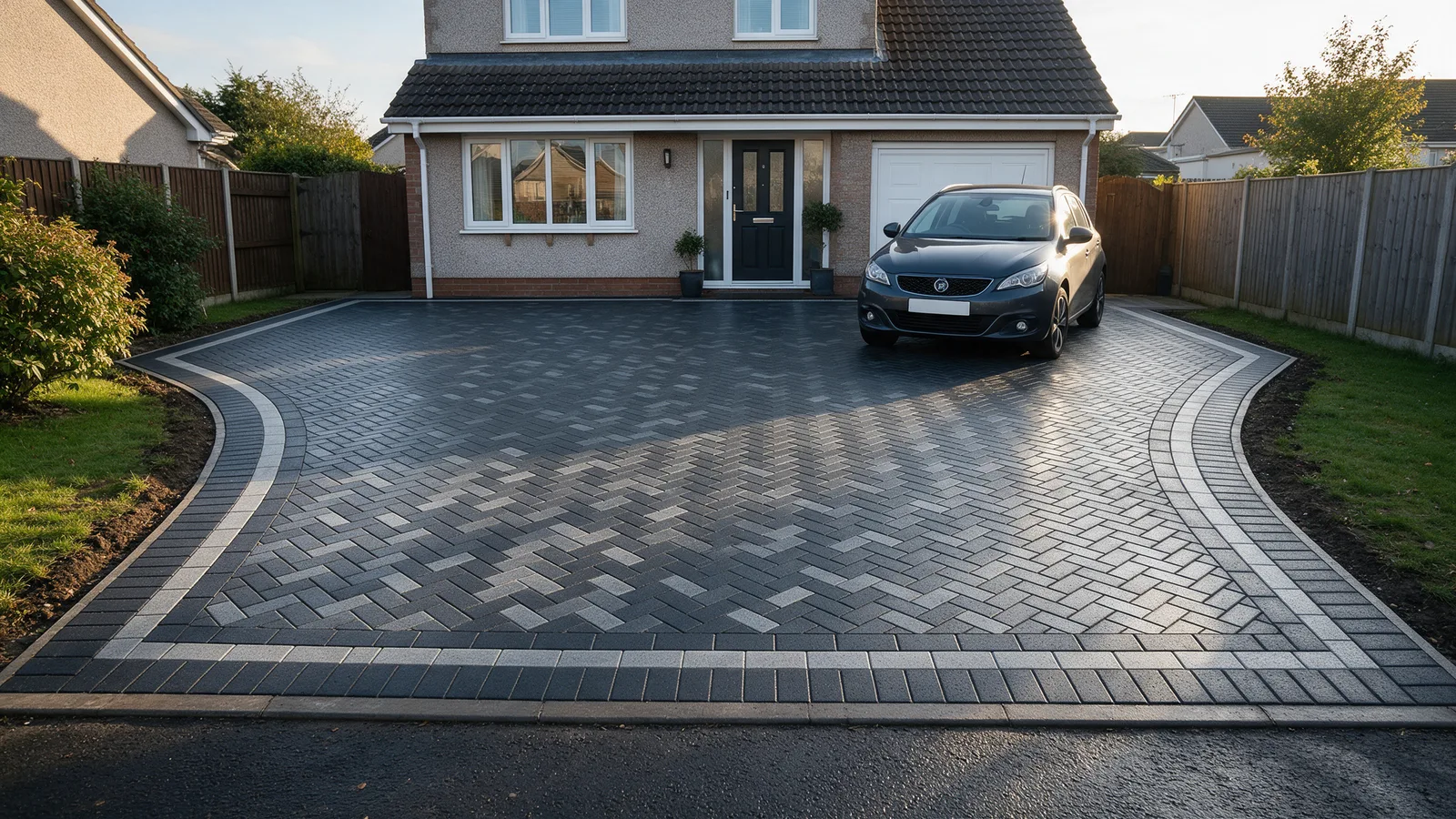 A newly laid charcoal and silver block paving driveway in a herringbone pattern with a lighter border in front of a detached house