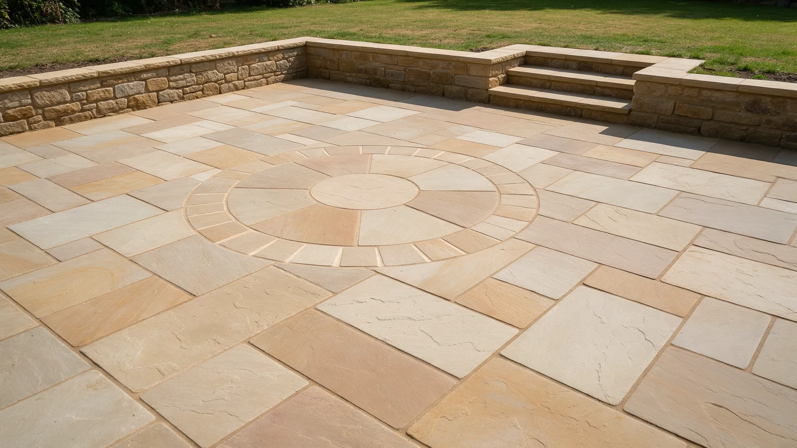 A newly laid sandstone patio with a circle feature, a low stone retaining wall and steps in a back garden