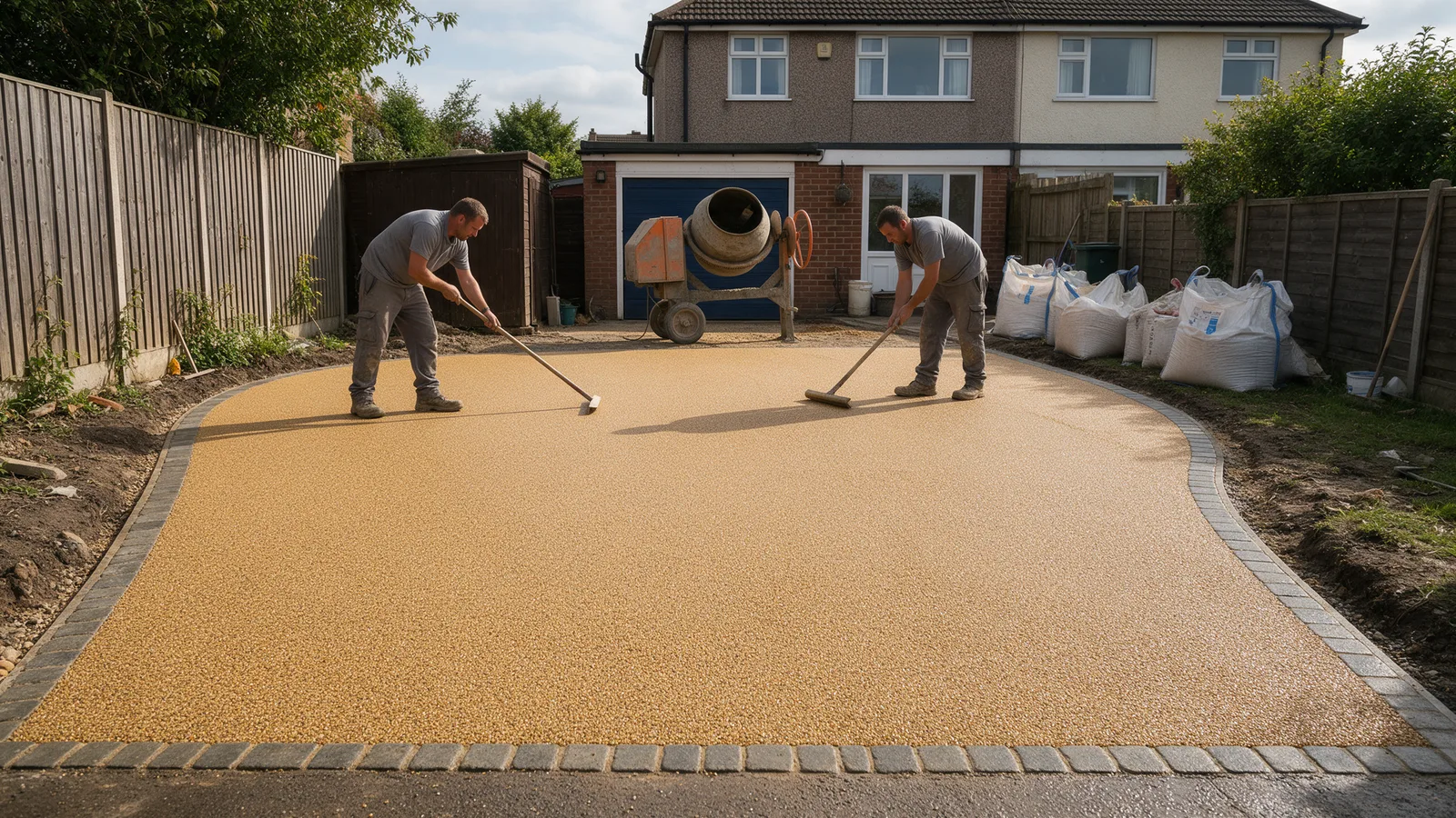 A resin bound driveway in a warm golden gravel colour being trowelled smooth by two workers in front of a semi-detached house