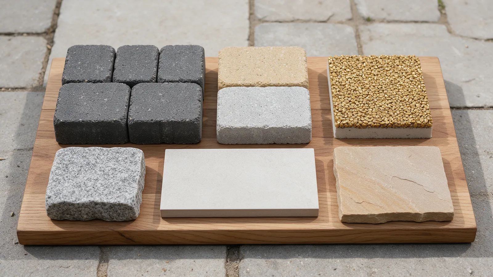Paving samples laid out on a board: charcoal and buff blocks, a resin bound sample, a granite sett, a porcelain slab and a sandstone slab