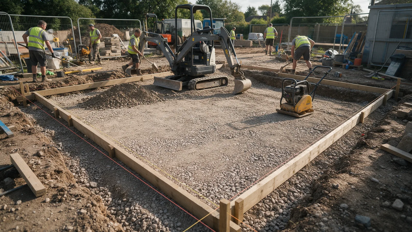 A driveway under construction: compacted crushed stone sub-base, a mini digger, a wacker plate and timber edge restraints