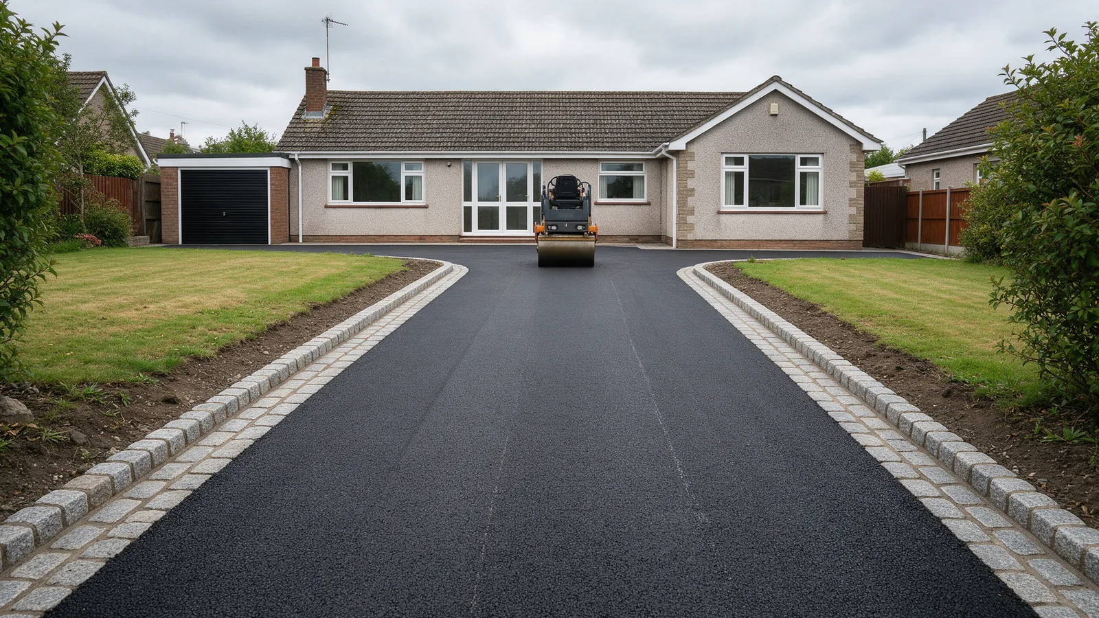A freshly laid black tarmac driveway with a granite sett edging and a roller compactor at the end, in front of a bungalow