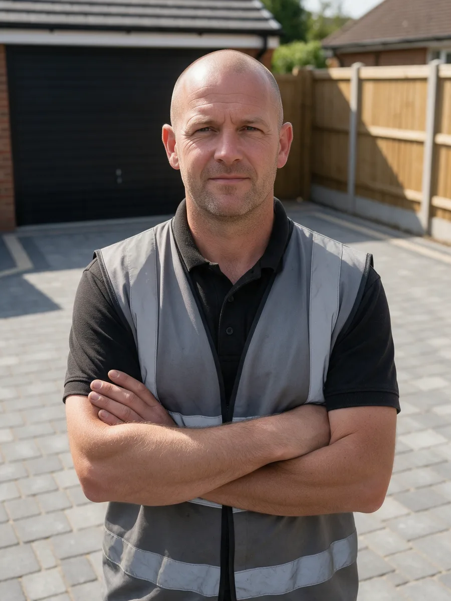 Carl Jenkins with arms folded in a hi-vis vest in front of a new block paved driveway