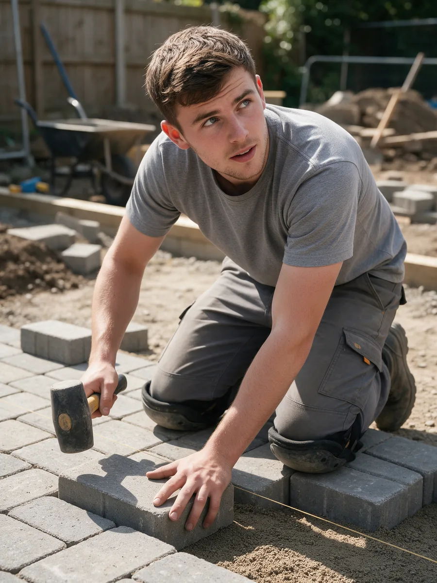 Liam Rees kneeling to set a paving block with a rubber mallet