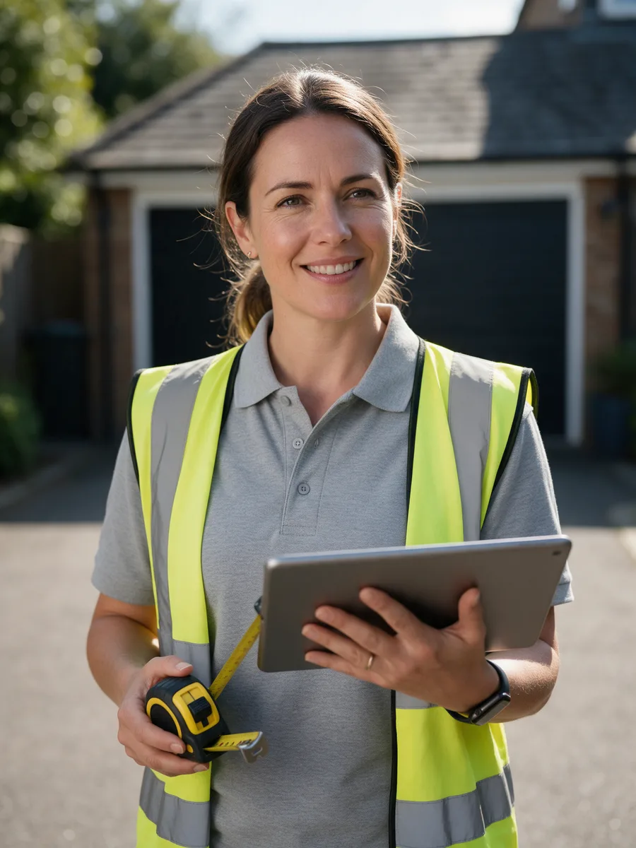 Nia Hopkins holding a tablet and a tape measure on a driveway
