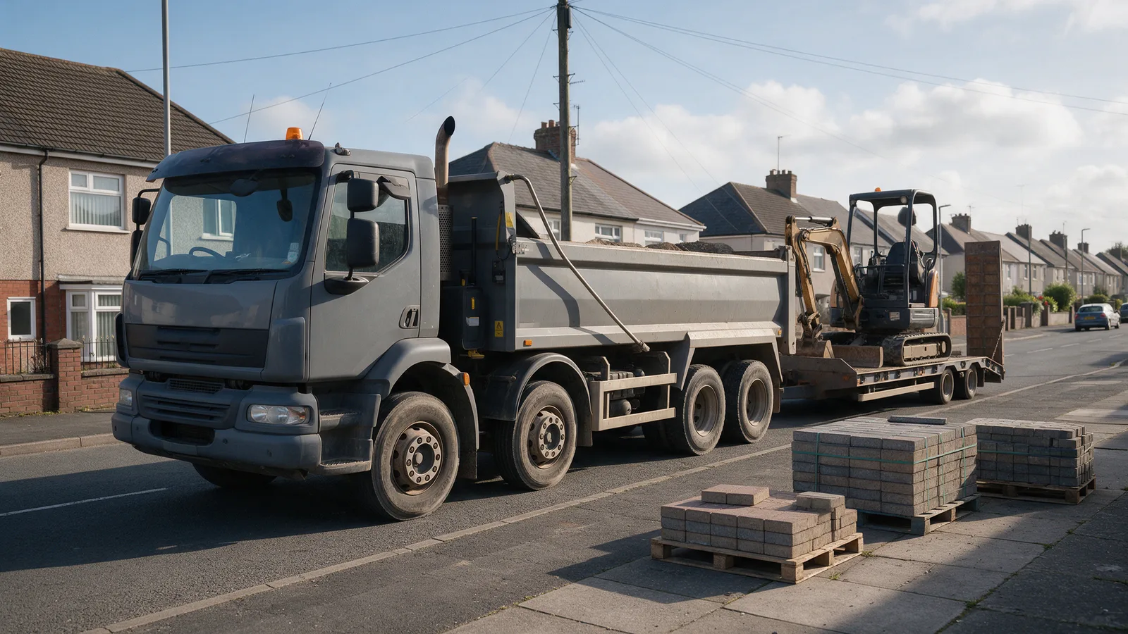 A grey tipper truck and a mini digger on a low loader on a residential street in Bridgend with pallets of block paving on the pavement