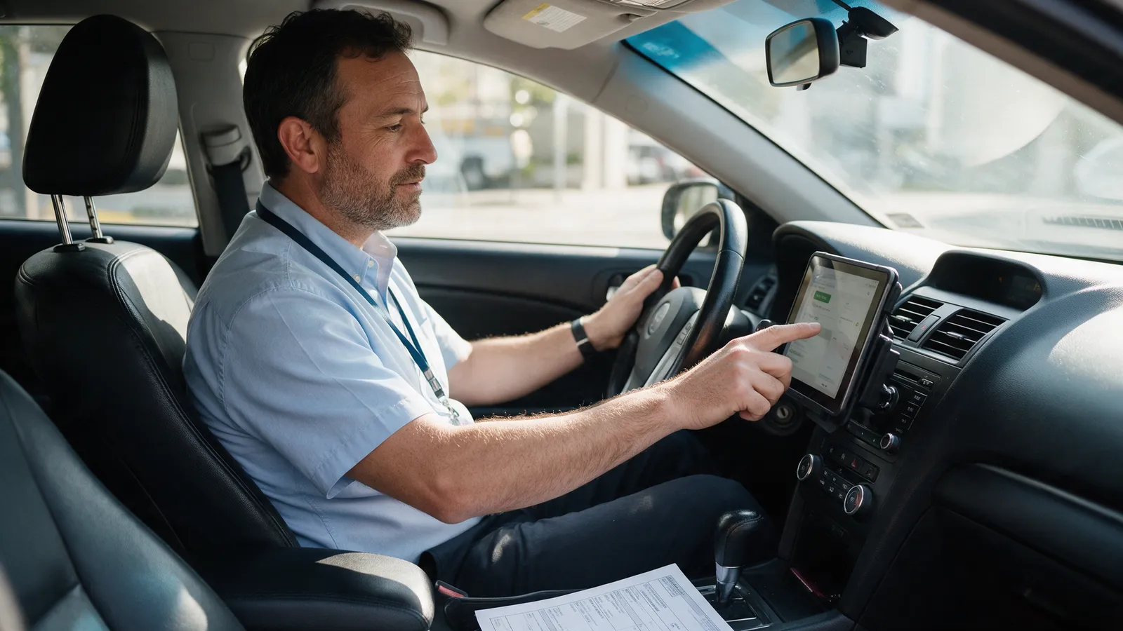 A taxi driver at the wheel of a parked car tapping a job on a tablet mounted on the dashboard, a company lanyard and a printed job sheet on the passenger seat, no readable text