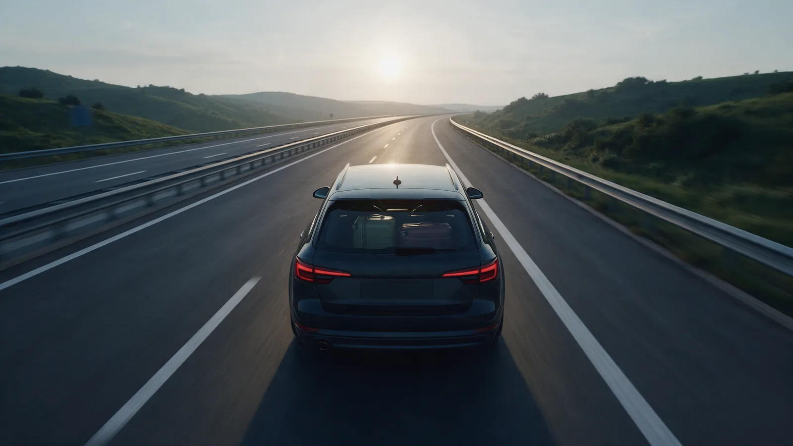 A dark estate car on a quiet motorway at dawn with two suitcases visible through the rear window, hills and a low sun behind