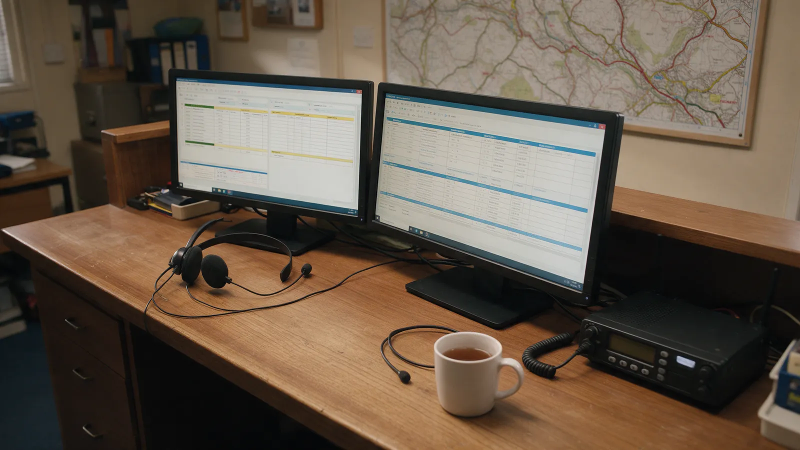 A dispatcher in a headset at a desk with two screens in a small taxi office, a wall map behind, no readable text
