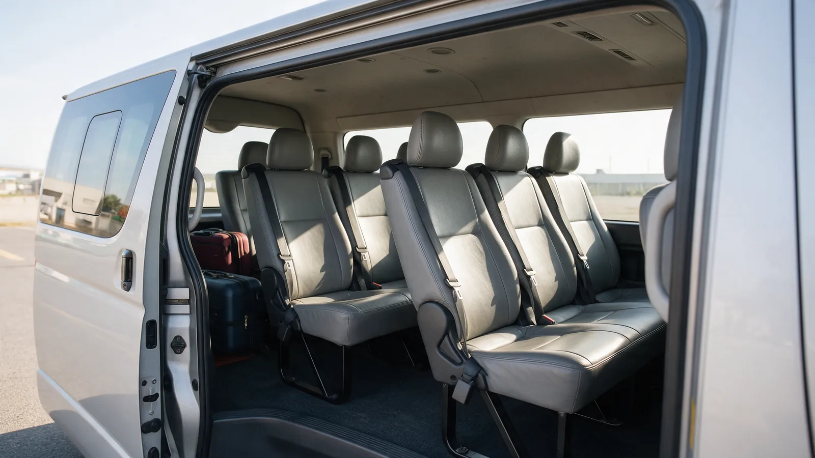 The interior of a clean eight-seater minibus taxi seen from the open side door: grey leather seats in three rows, seatbelts, a rear boot with two suitcases, daylight outside