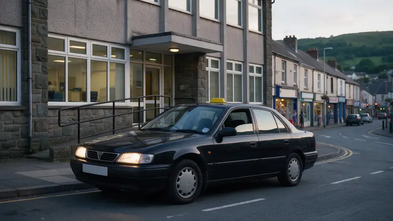 A black saloon taxi with a small yellow roof sign waiting outside a stone-fronted office on a Valleys town street in the early evening, its lights on, the hills behind