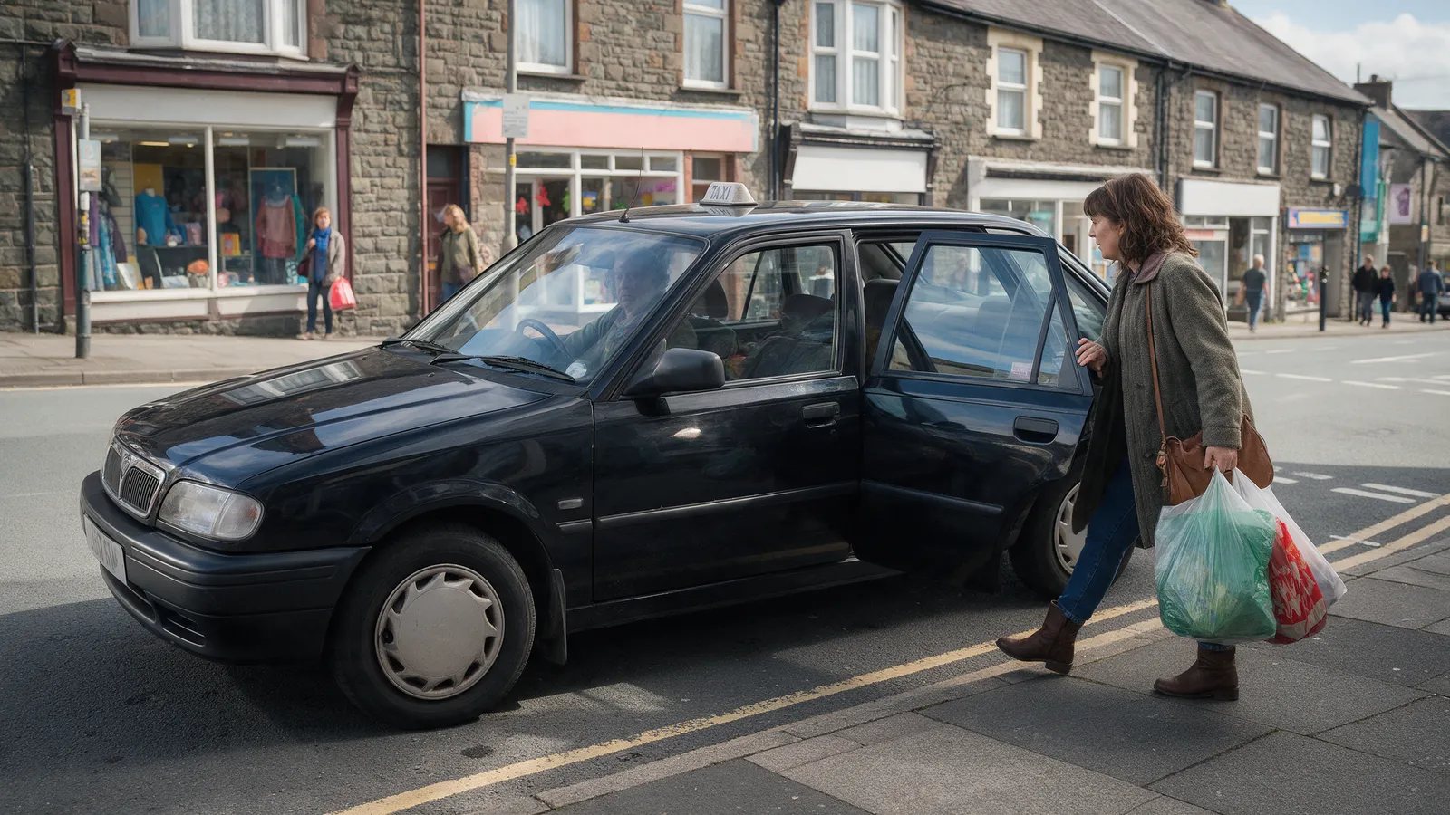 A black saloon taxi with a small roof sign waiting at a kerb on a stone-fronted Valleys high street, a woman with shopping bags opening the rear door