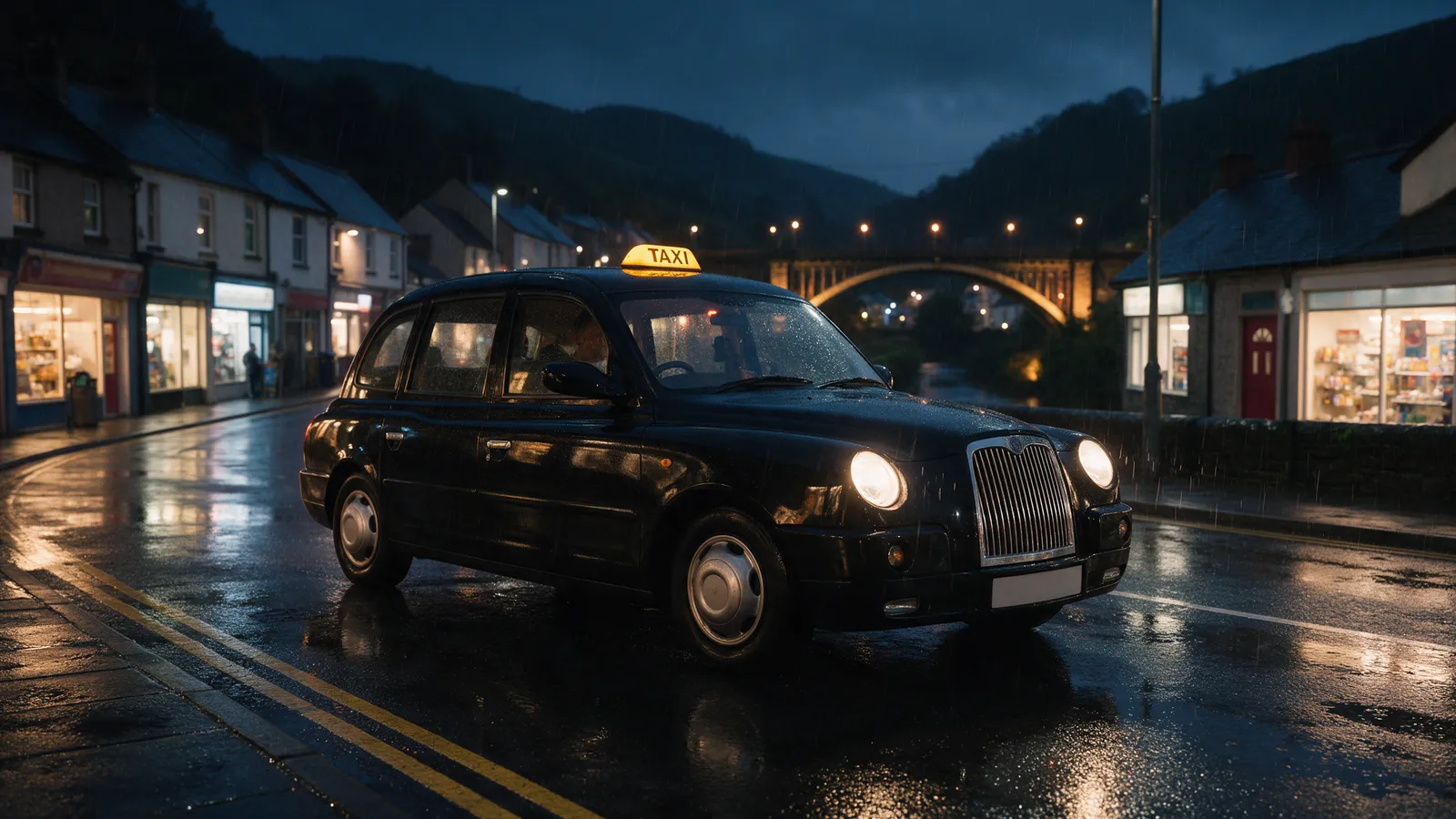 A black taxi with a lit yellow roof sign on a wet Valleys high street at night, shop lights reflected in the road, no readable text