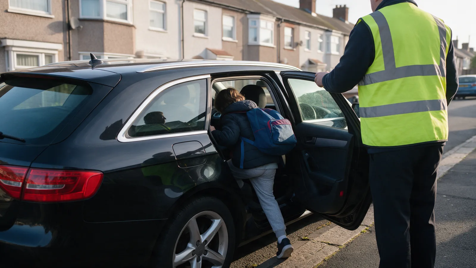 A child with a school bag climbing into the back seat of a clean black estate car at a kerb on a residential street in the morning, a driver holding the door, faces turned away