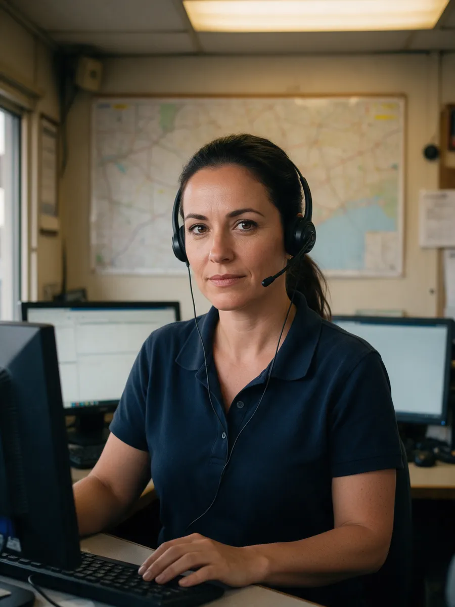 Lowri Hughes, a woman in her late thirties with dark hair in a ponytail, wearing a headset and a navy polo shirt, seated at a dispatch desk with two screens in a small office