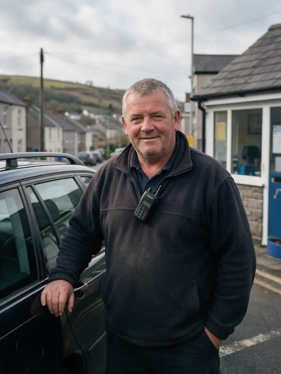 Rhodri Evans, a taxi firm owner in his mid-fifties with short grey hair, in a dark fleece with a radio clipped to it, standing beside a black estate car outside a small office