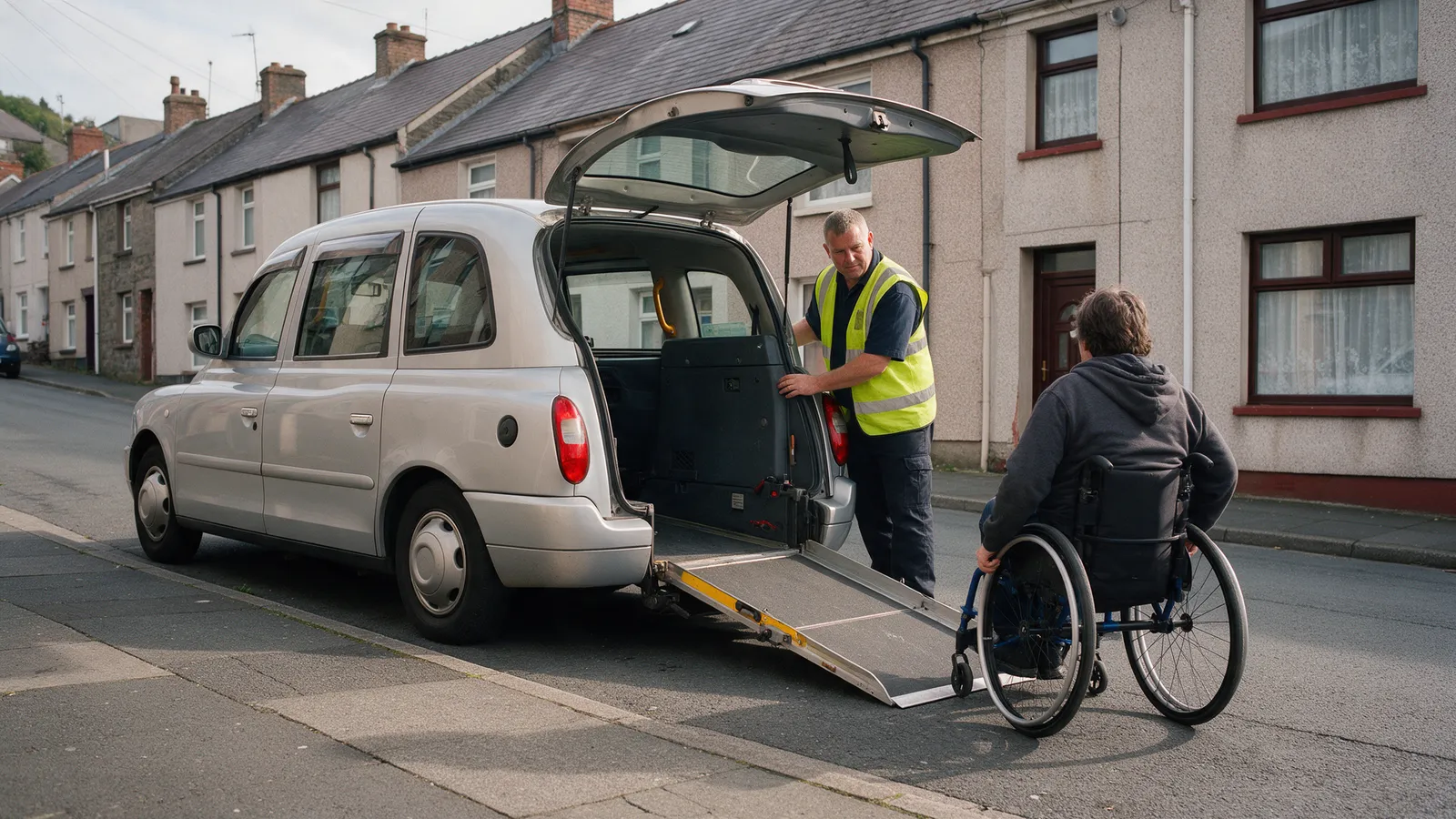 A silver wheelchair-accessible vehicle with its rear ramp lowered to the pavement outside a terraced house, a driver in a hi-vis vest steadying the ramp, no readable text