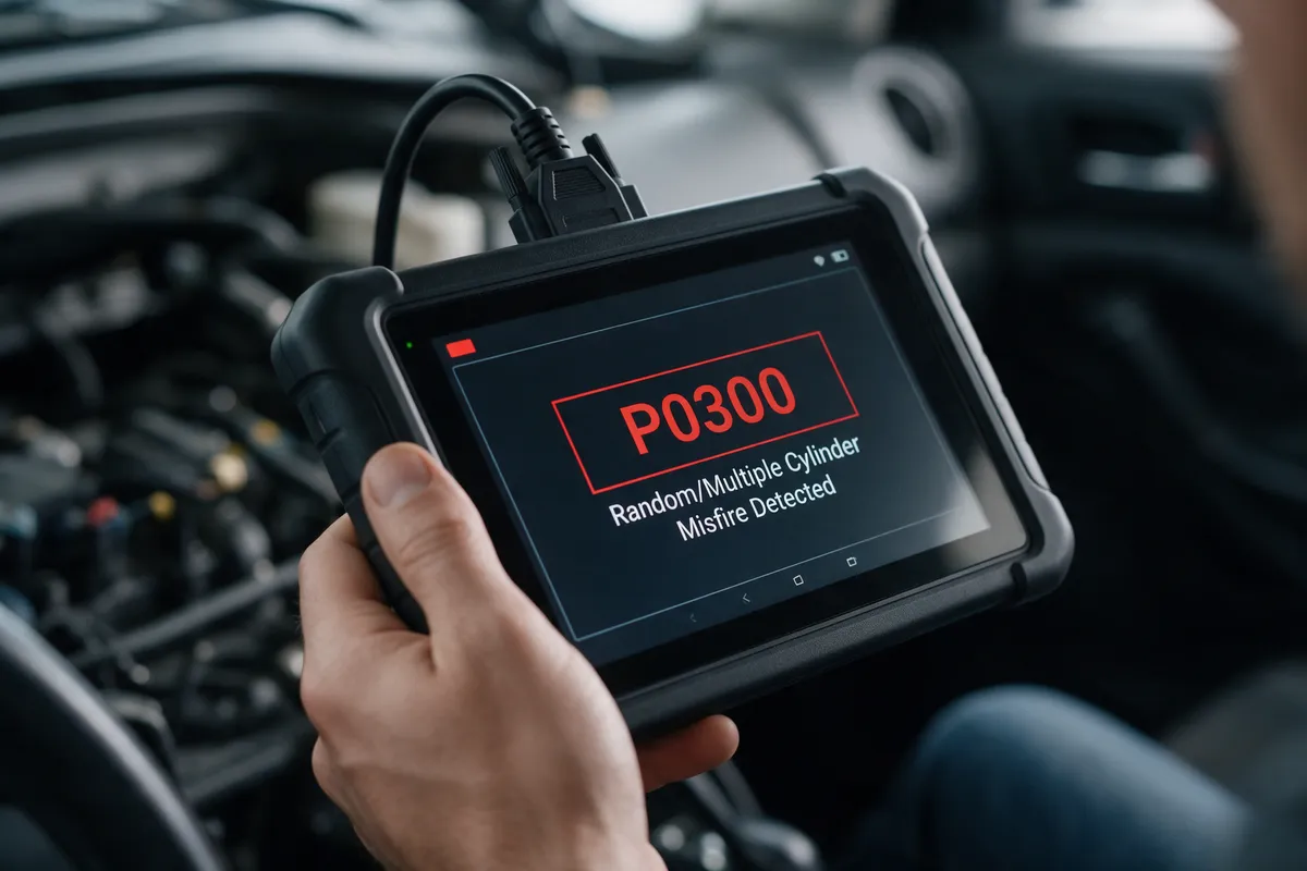 A diagnostic tablet plugged into a car showing a fault code