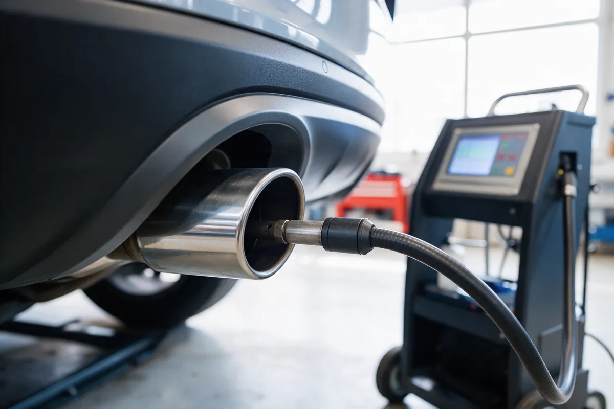 An emissions analyser probe in a car's exhaust tailpipe