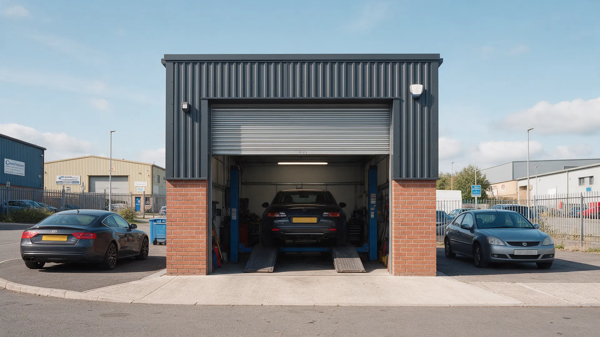 The outside of the Taff MOT Centre unit with the roller door open