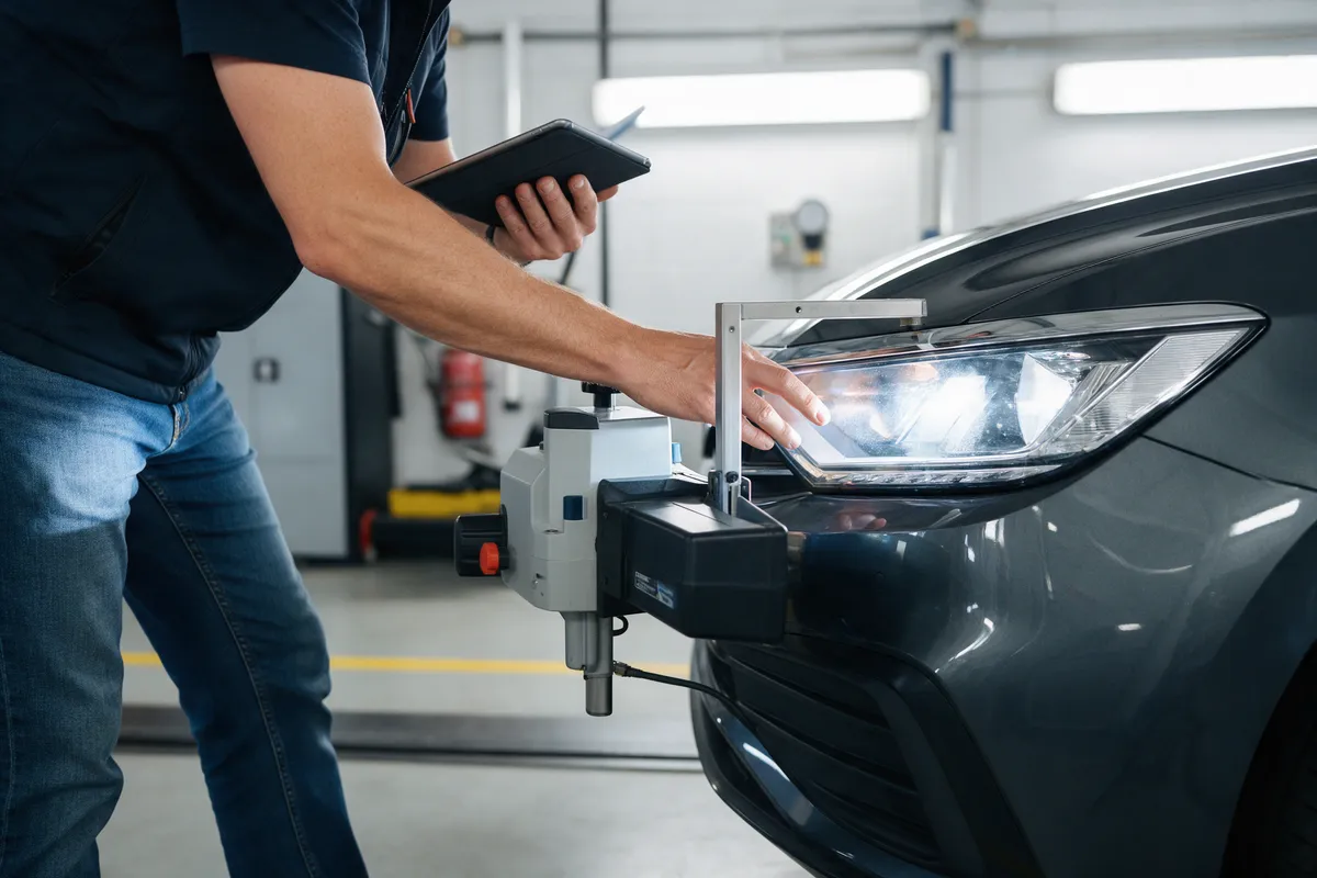 A tester checking a headlamp with the beam aligner in the test bay