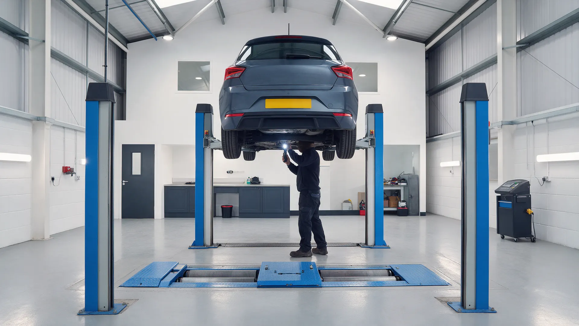 A car raised on the lift in the MOT test bay