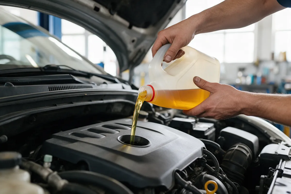 Fresh engine oil being poured into an engine during a service