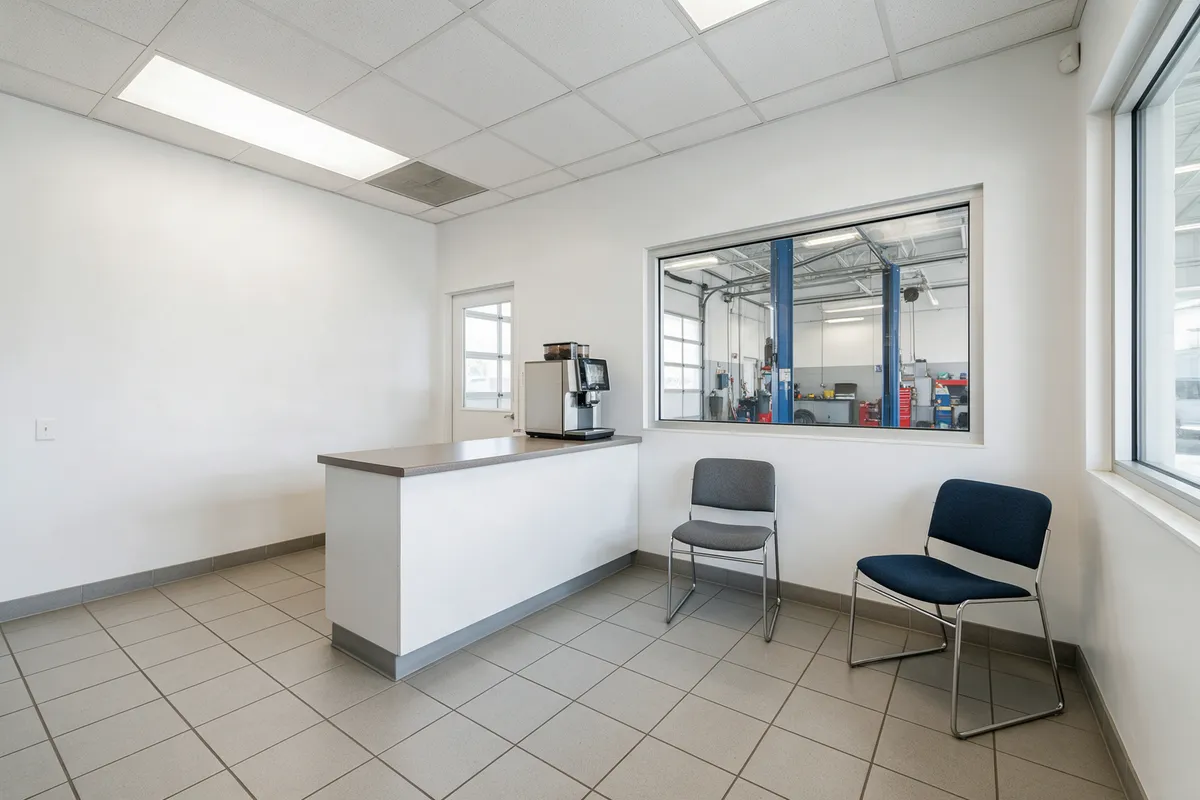The bright reception and waiting area with a window onto the test bay