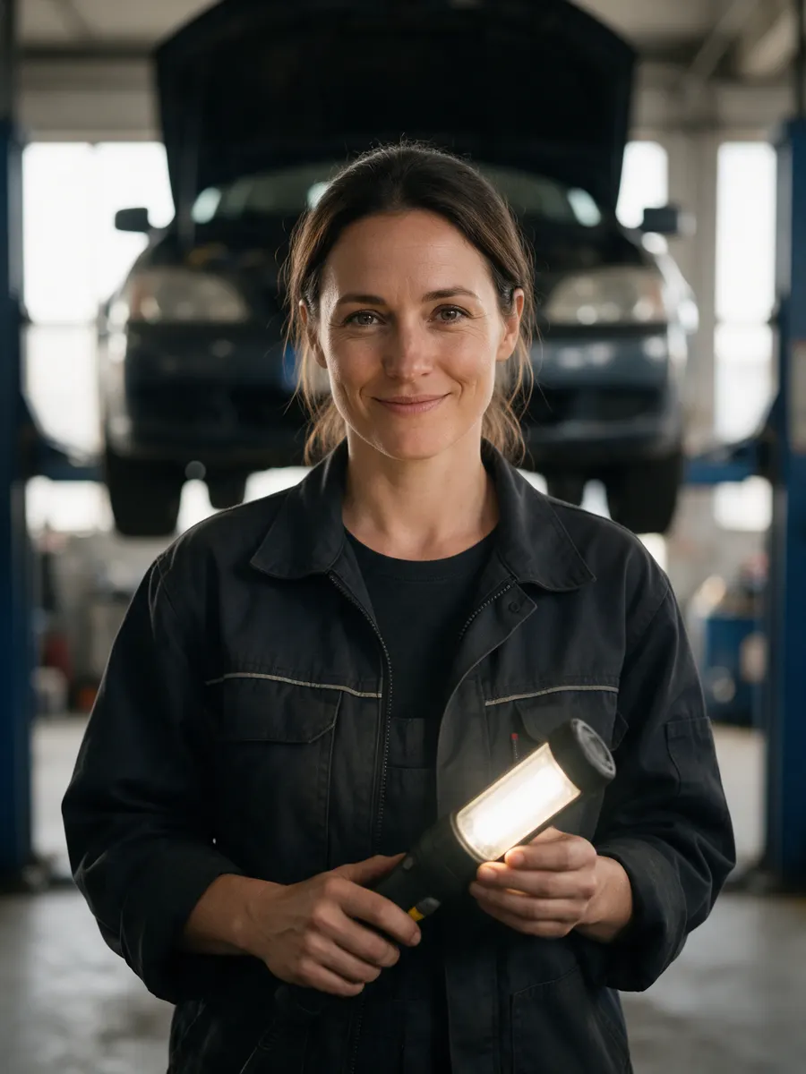 Ffion Rees holding an inspection torch in the test bay