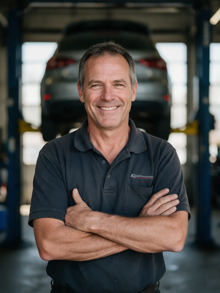 Huw Davies standing in the MOT bay with arms folded