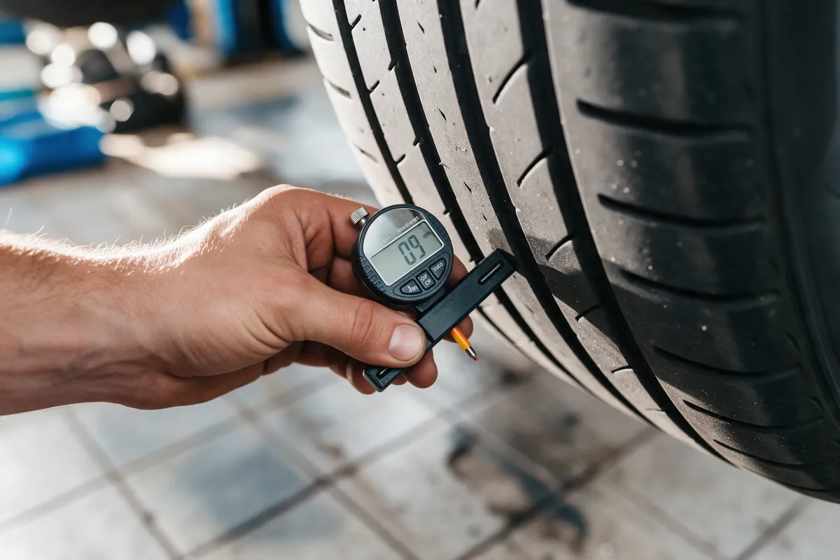 A mechanic measuring tyre tread depth with a digital gauge