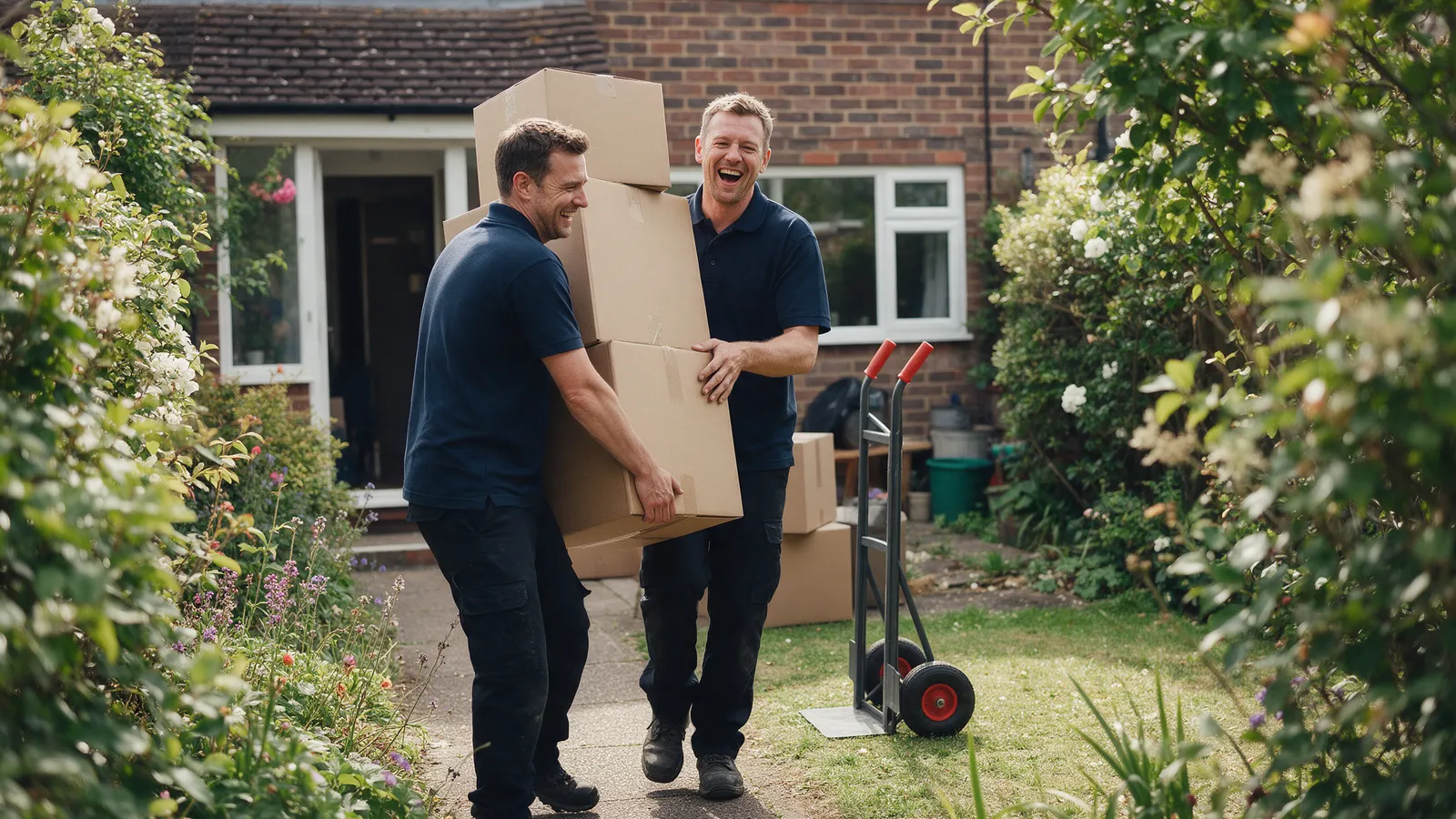 Two movers carrying stacked boxes down a garden path from a brick house