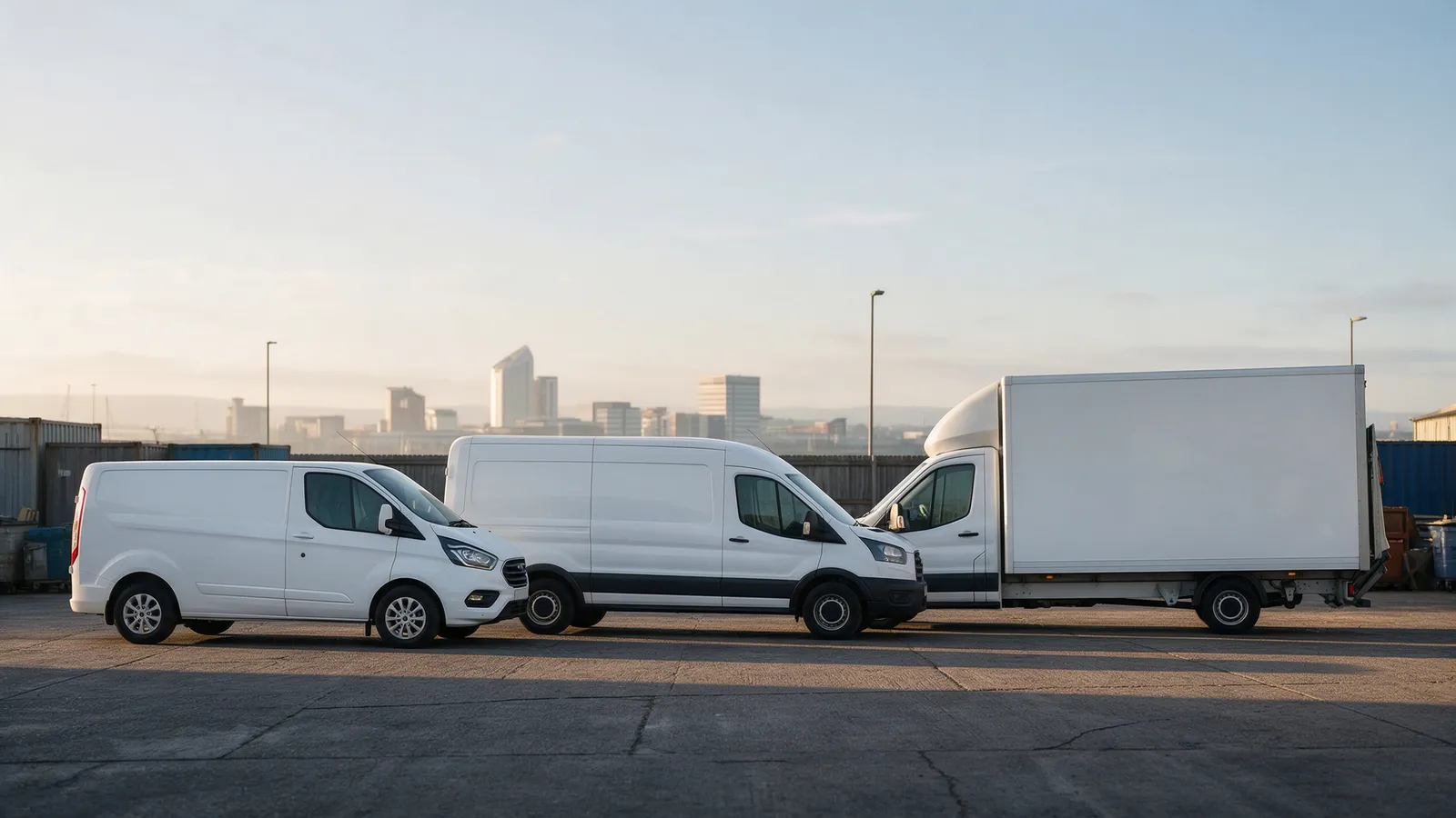 Three white removals vehicles of different sizes lined up in a yard with the Cardiff skyline behind