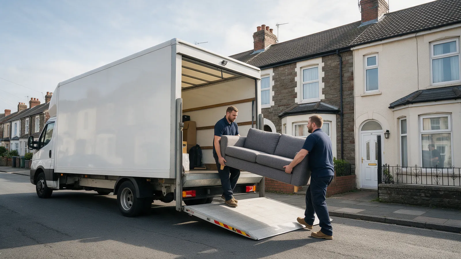 A white Luton removals lorry with its tail lift down outside terraced houses