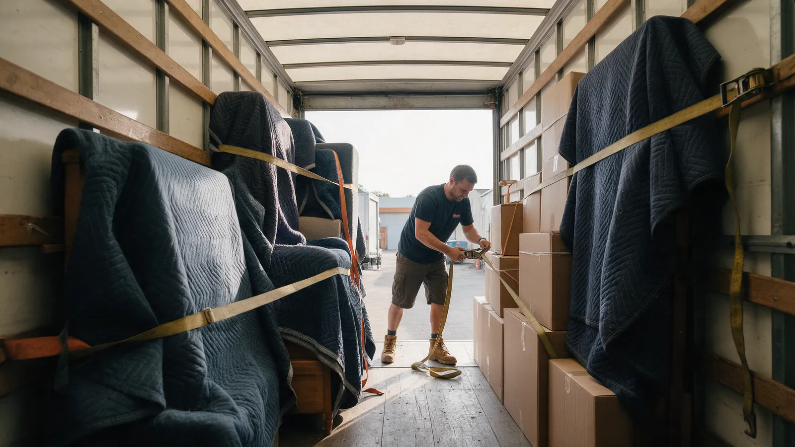 The inside of a removals lorry loaded with blanket-wrapped furniture and strapped boxes