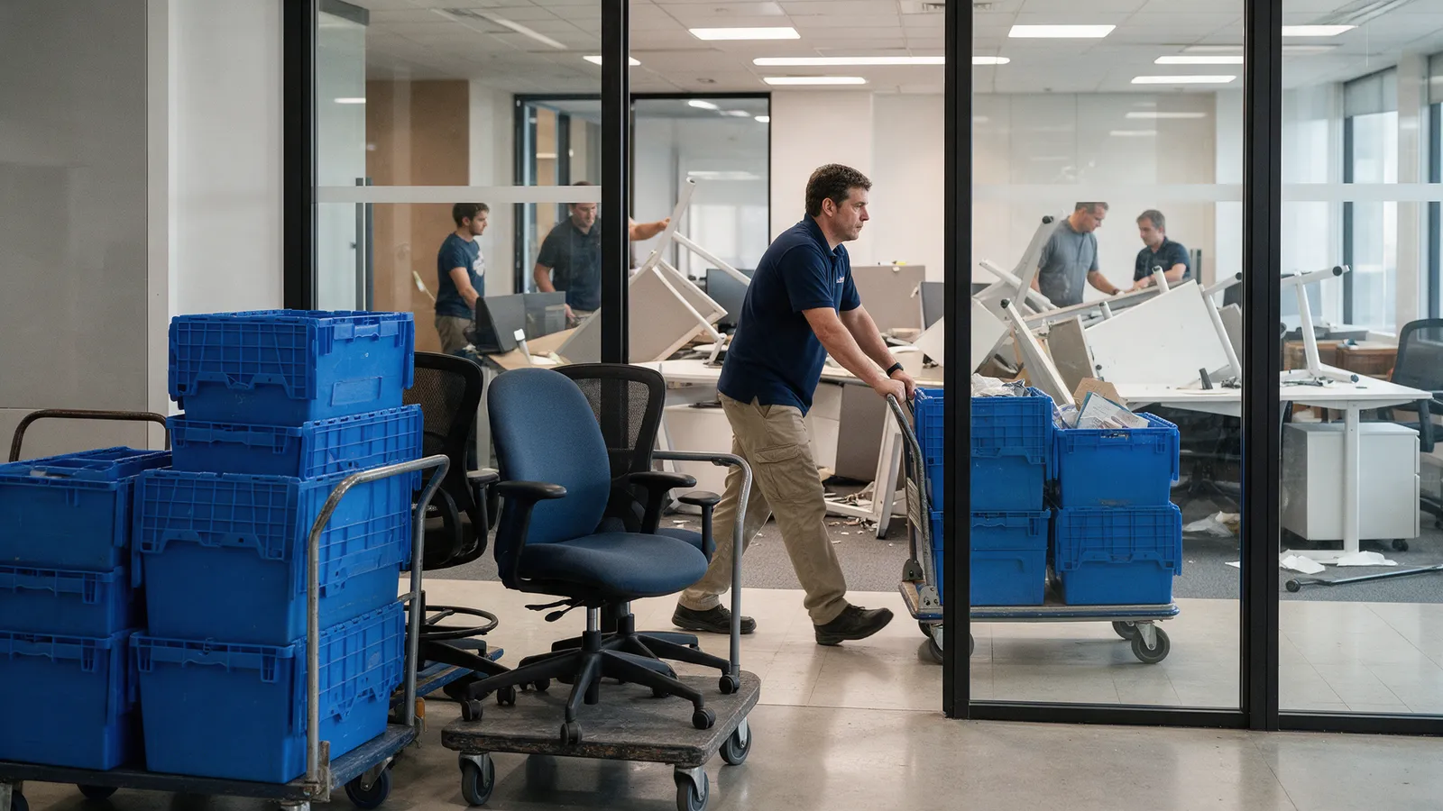An office move with stacked blue plastic crates and office chairs on trolleys in a modern lobby and desks being dismantled behind