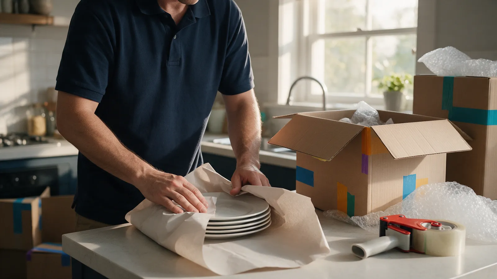 A mover in a navy polo shirt wrapping plates in packing paper at a kitchen counter beside open boxes with coloured tape