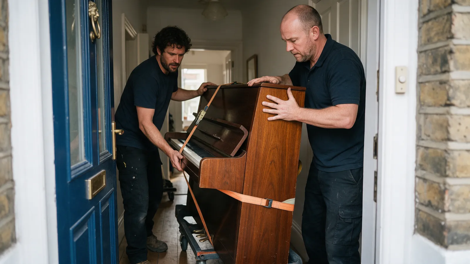 Two movers carefully moving an upright piano on a trolley with straps through the doorway of a terraced house