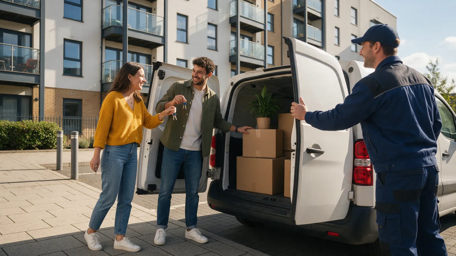 A small white van being loaded with boxes outside an apartment block