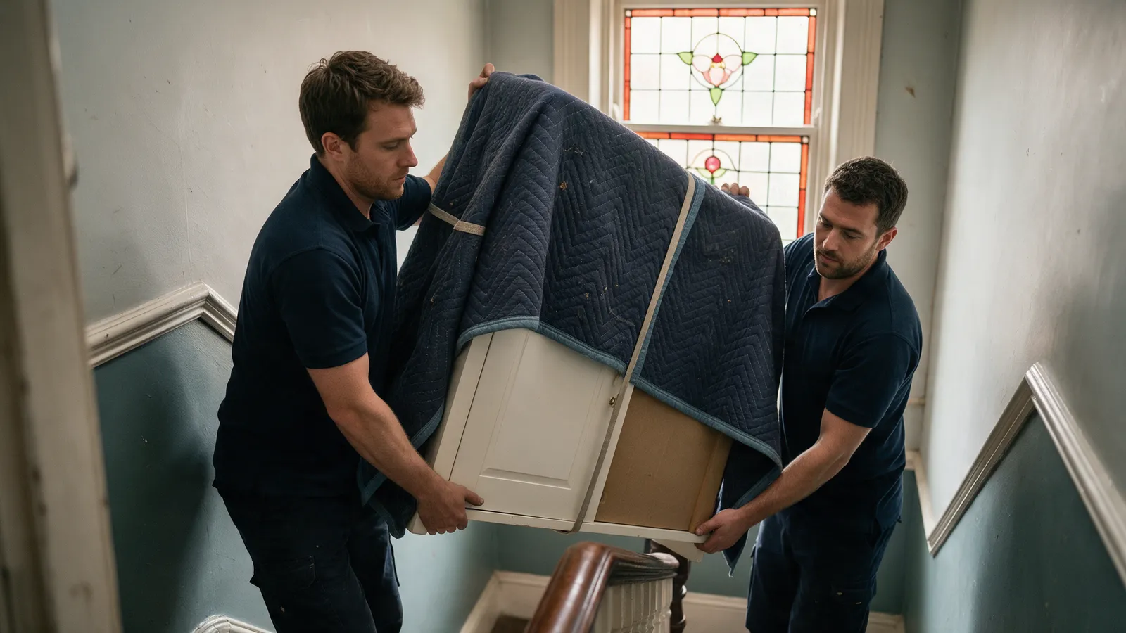 Two movers carrying a large wardrobe wrapped in a padded blanket down a narrow Victorian staircase with a stained-glass window