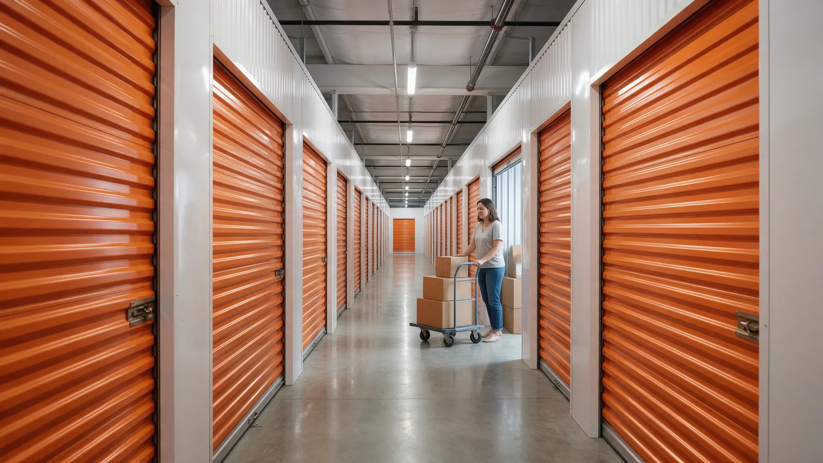 A bright self-storage corridor with rows of orange roller-shutter doors, a woman with a trolley of boxes at an open unit