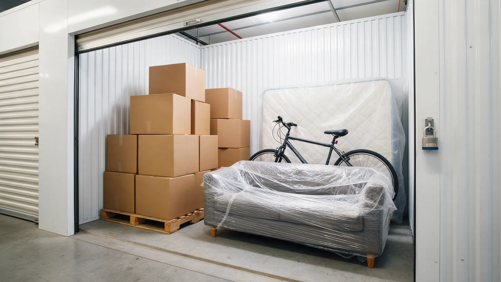 Inside an open self-storage unit with boxes stacked on pallets, a sofa wrapped in film, a bicycle and a mattress in a cover