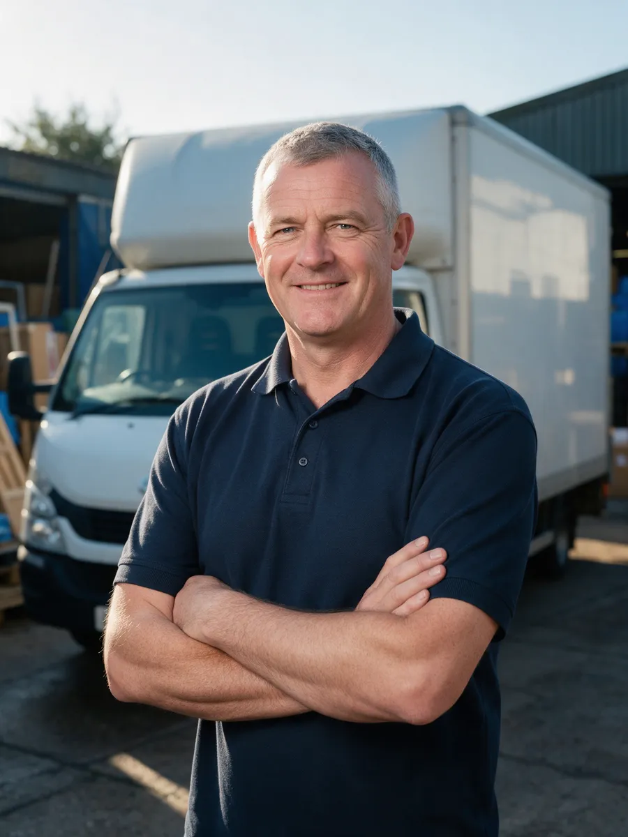 Dai Rees, a Welsh man in his early fifties with cropped grey hair in a navy polo shirt, arms folded in front of a white removals lorry