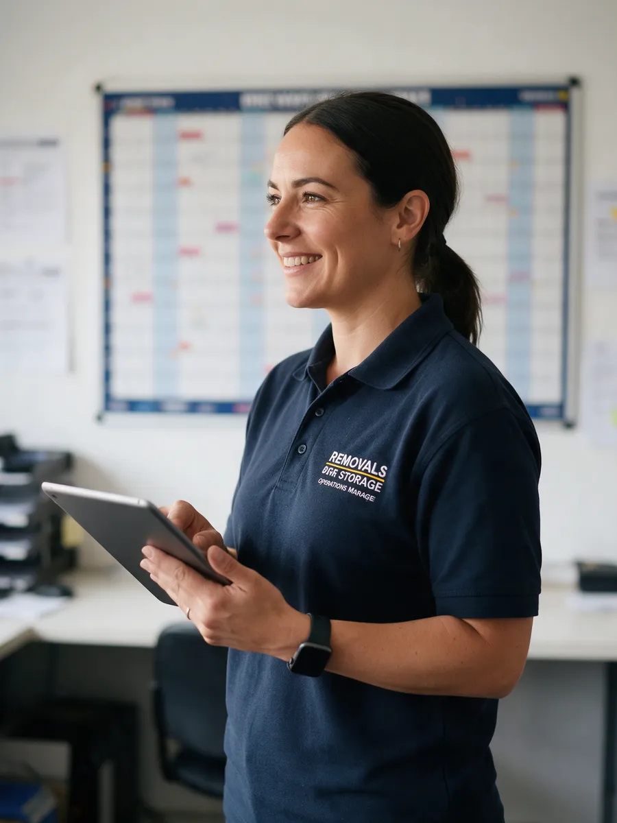 Sioned Walker, a woman in her mid-thirties with dark hair tied back, in a navy polo shirt holding a tablet in a depot office with a wall planner