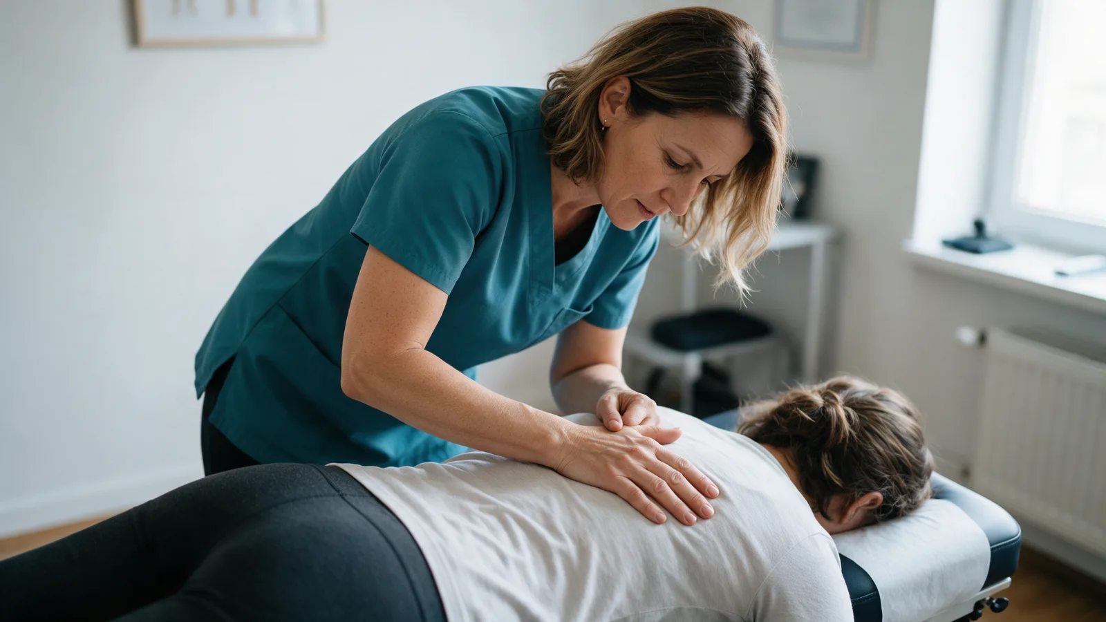 A chiropractor in a teal tunic performing a gentle spinal adjustment on a patient lying face down on a treatment table