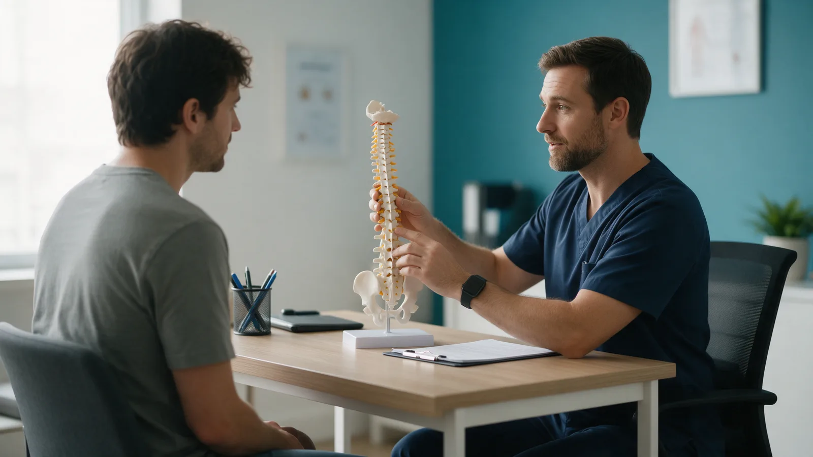 A chiropractor showing a spine model to a patient at a desk during a first consultation