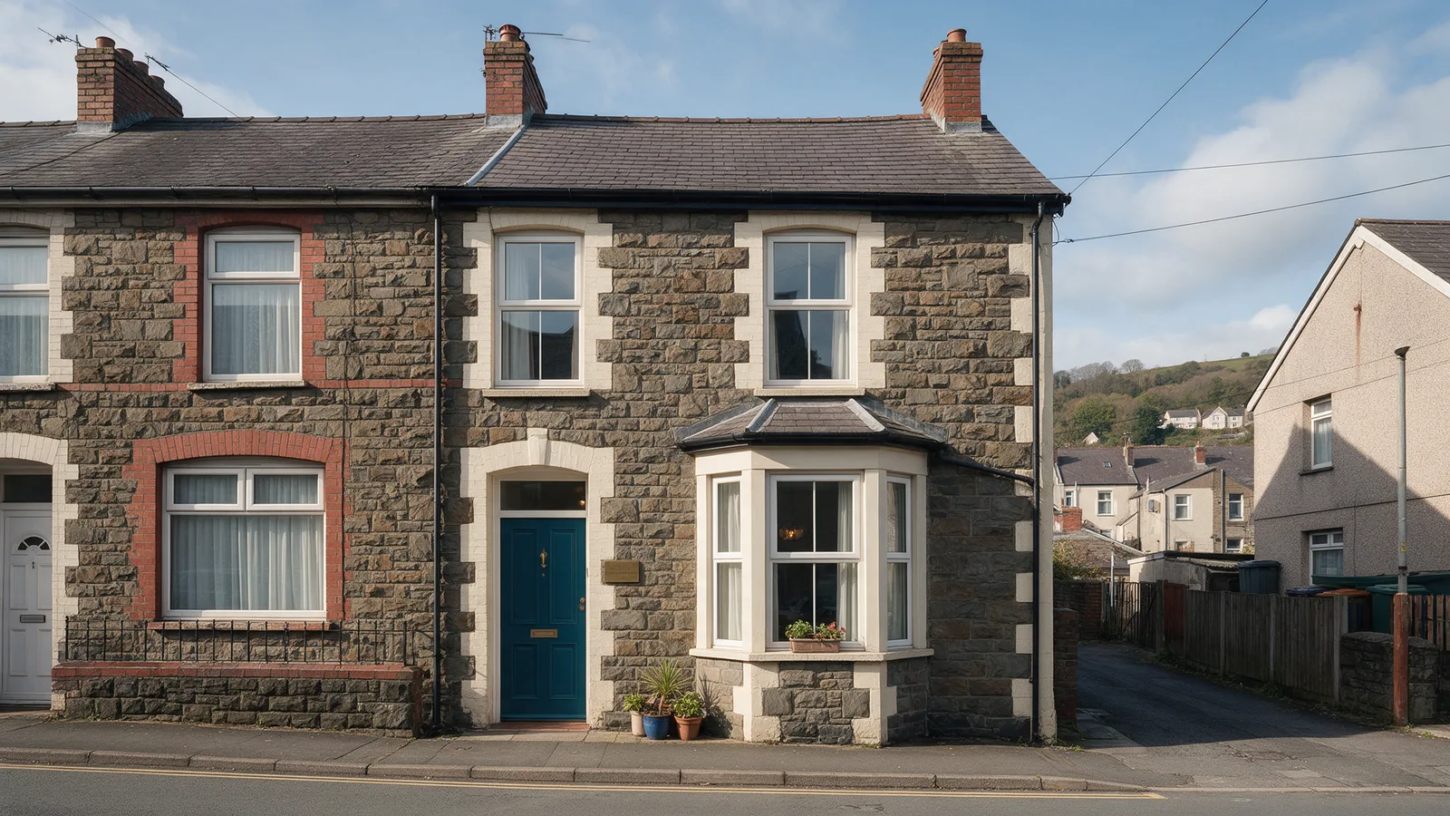 The clinic: a stone Victorian terrace house with a deep teal front door, a brass plaque and a bay window with plants